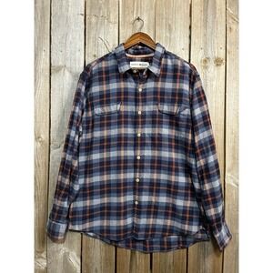 The Normal Brand Mens XL Flannel Shirt Navy Blue Orange Plaid Cotton Button Down